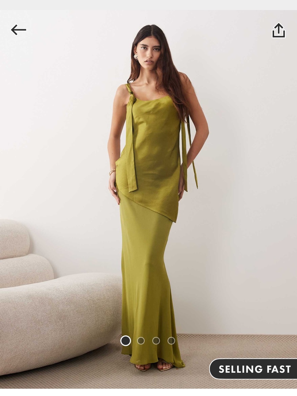 Olive Green Satin Maxi Dress with Tie-Shoulder satin maxi dress